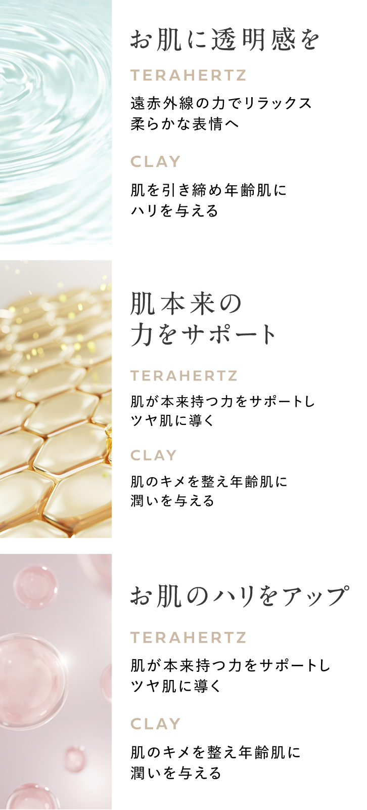 お肌に透明感を、肌本来の力をサポート、お肌のハリをアップ